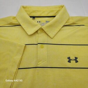 Under Armour Heat Gear Polo Shirt Yellow Black Stripe Loose Fit Mens LG